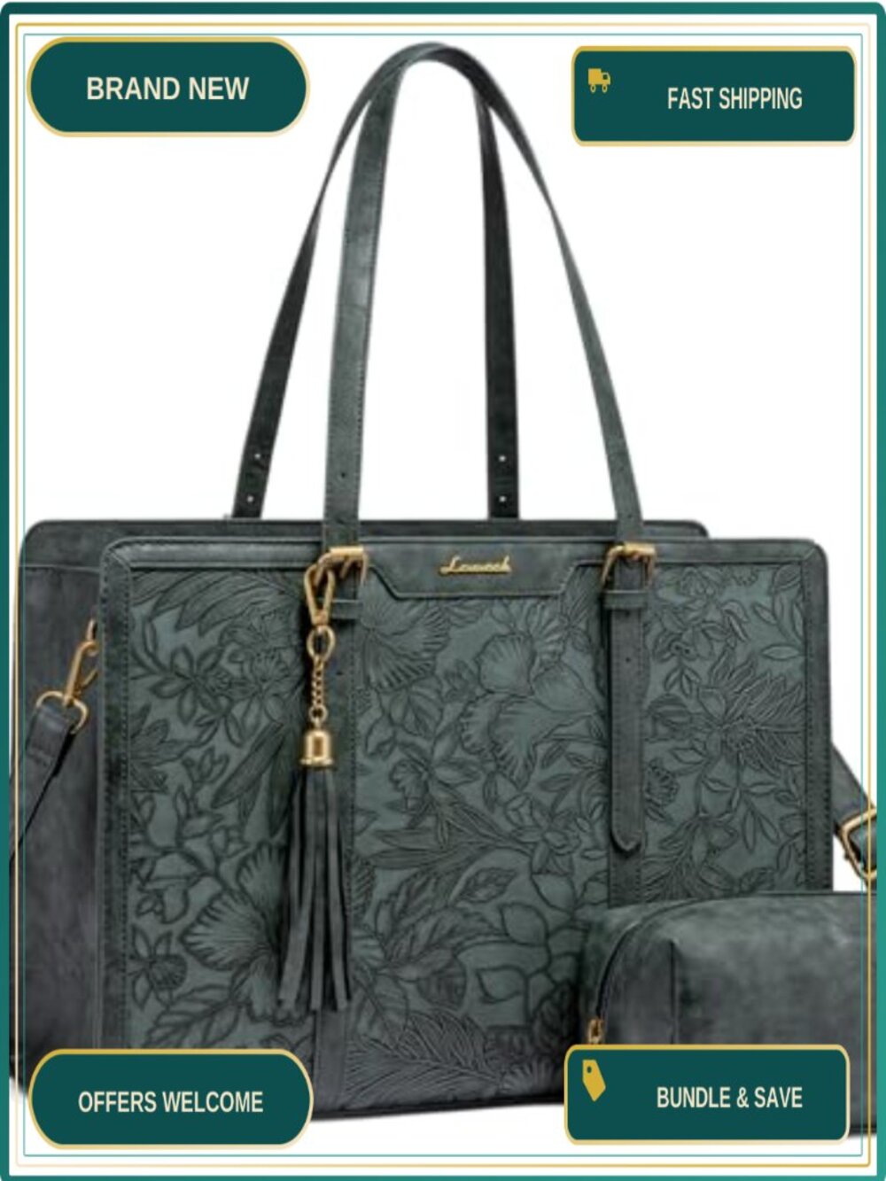 LOVEVOOK PU Faux Leather Laptop Tote Bag for Work with Clutch Purse